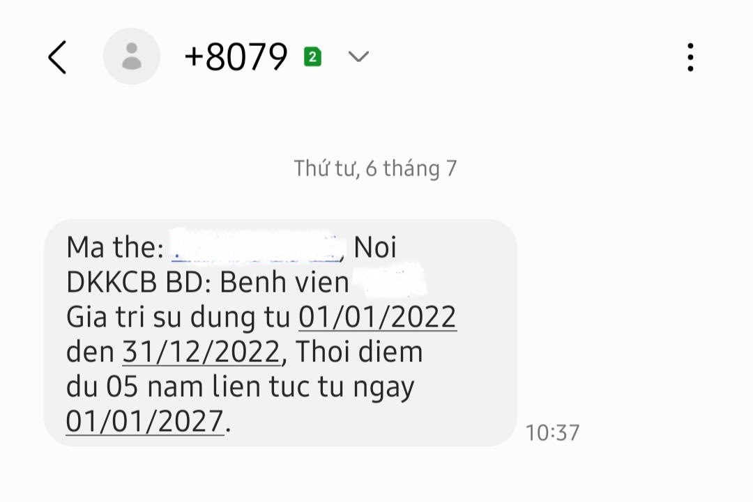 Thông tin về thẻ BHYT gửi về trên điện thoại